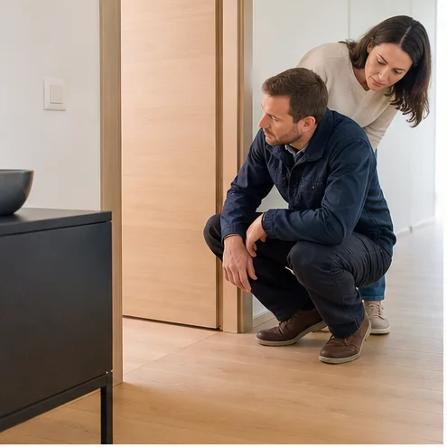 menuisier et résidente observant une porte intérieure en bois qui frotte près du sol, logement suisse contemporain, sans geste de réglage